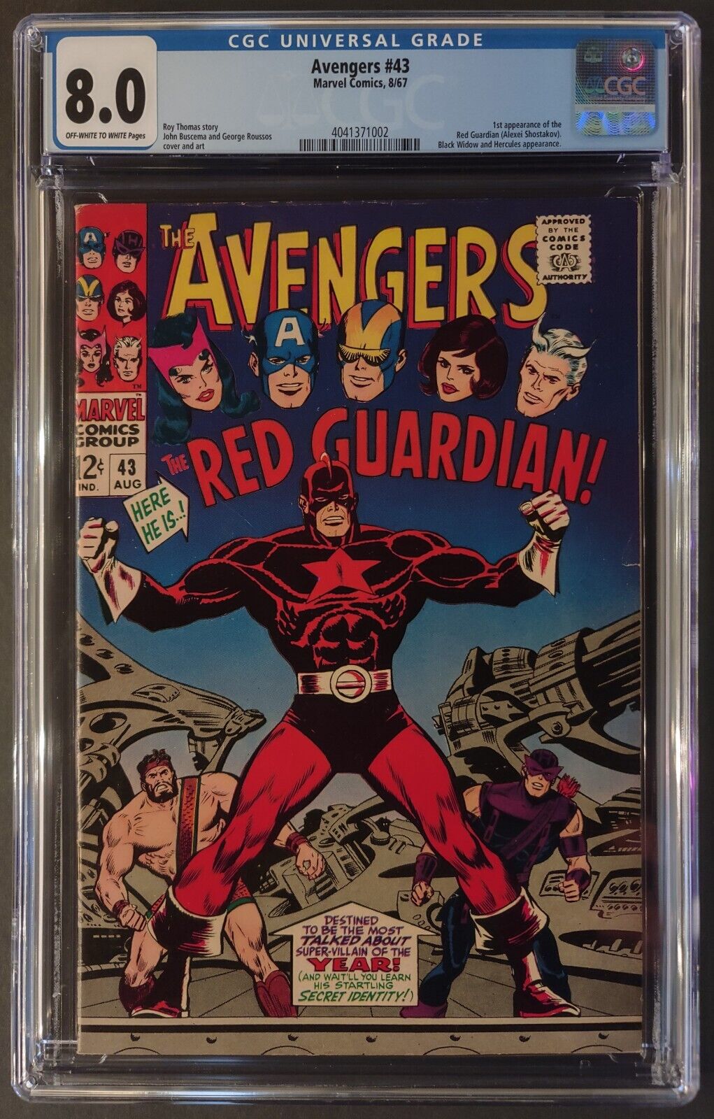 AVENGERS #43 CGC 8.0 OW-W PAGES - MARVEL COMICS AUGUST 1967 - FIRST RED GAURDIAN