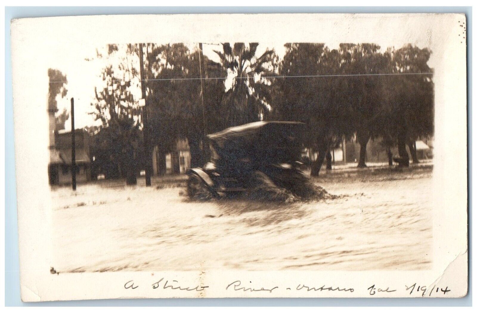1914 Car Residential Street Flooding California CA Disaster RPPC Photo Postcard