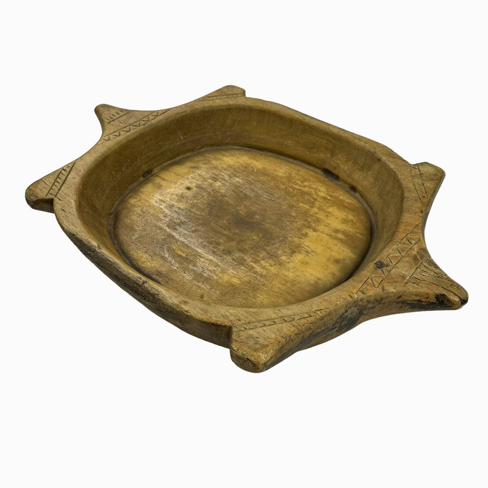 Big Primitive Antique Hand Carved Wooden Turtle Shape Chapati Dough Bowl Platter