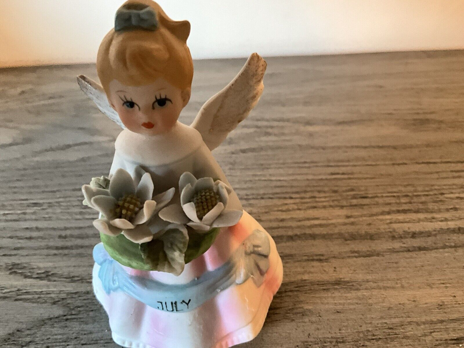 Vintage Lefton July Birthday Angel Girl Figurine Blue Flowers