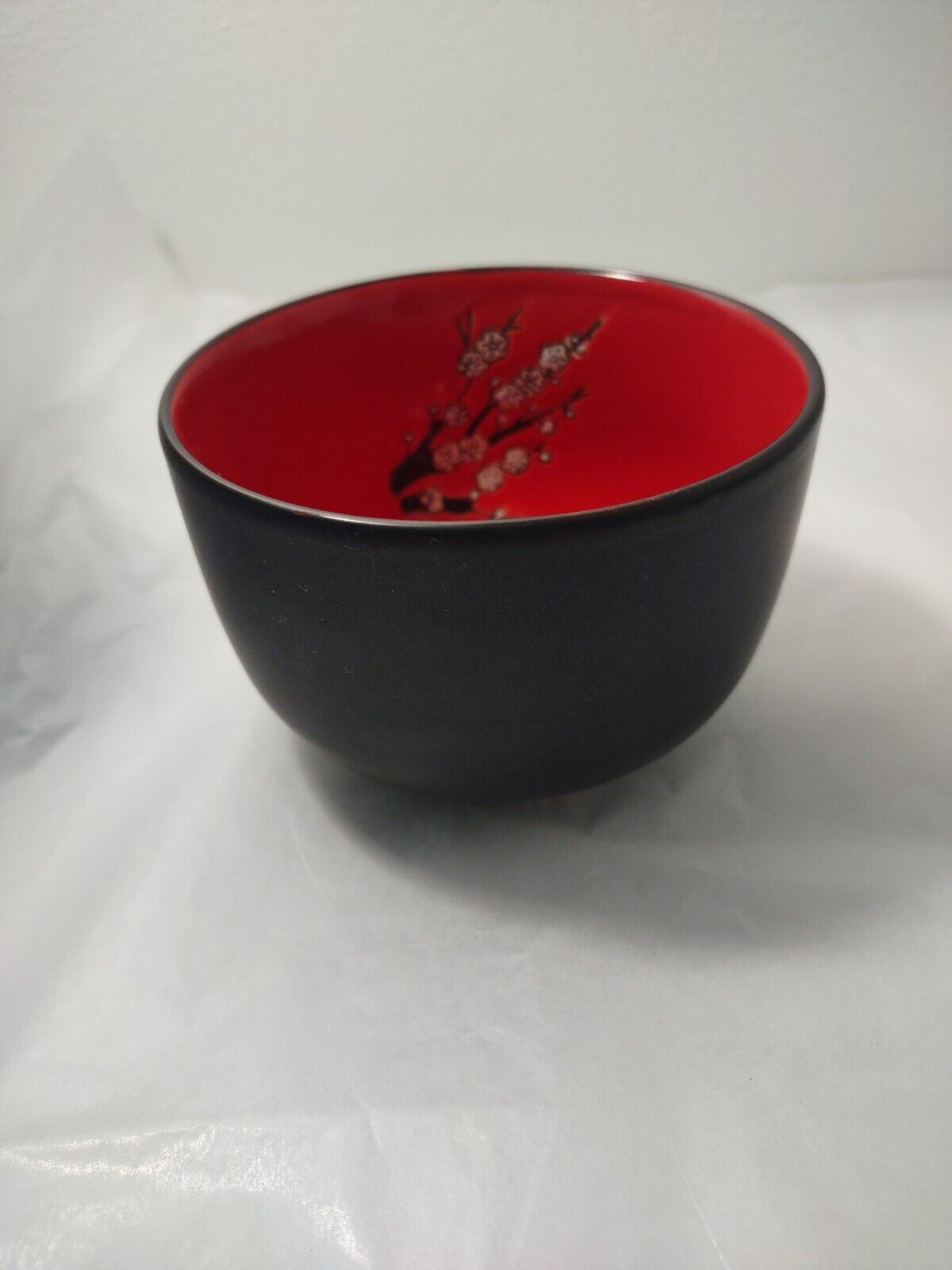 Oriental Black Bowl With  Hand Painted White Blossoms