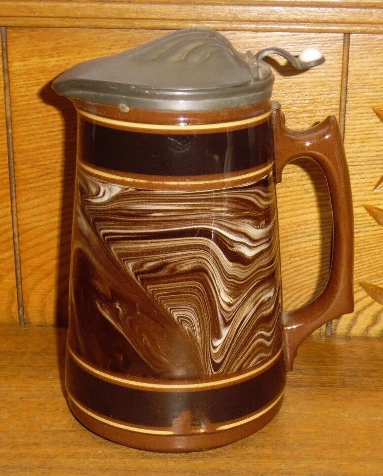 Antique Mochaware Or Thompson Broadhead Pottery Pitcher w/ Pewter Lid