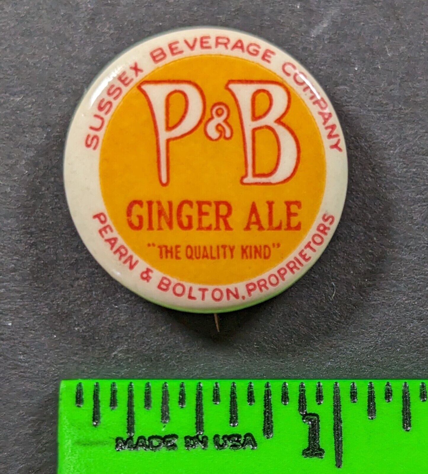 Vintage P&B Ginger Ale Sussex Beverage Company Pinback Pin