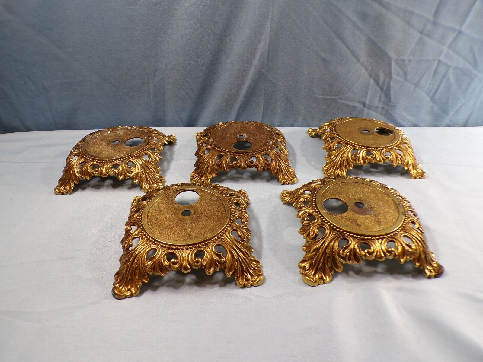 Lot of 5 Ornate Cast Metal Electric Lamp Bases Antique Brass Finish Tarnished