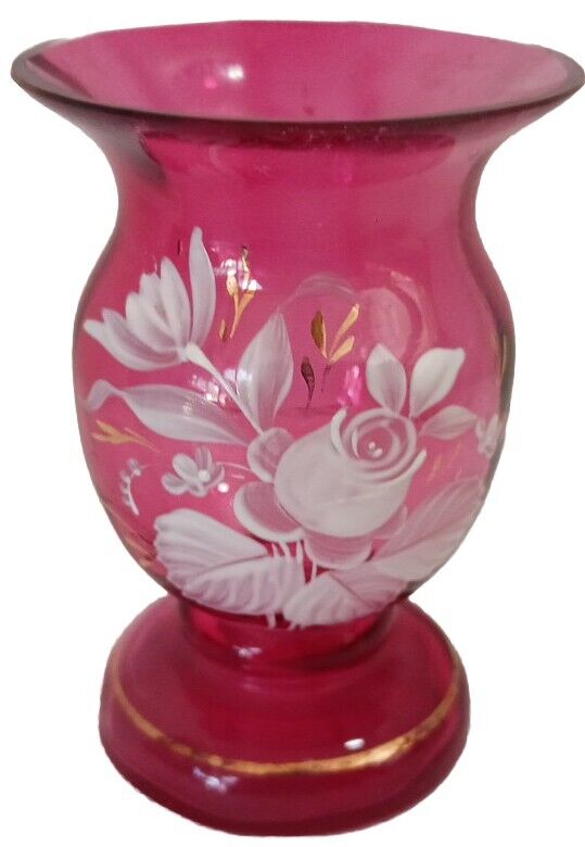 Czech Cranberry Glass Bud Vase Vtg White Enamel Flowers 3.25\