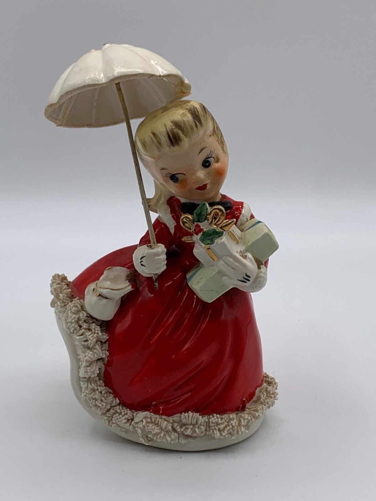 Vtg 1956 Napco Christmas Shopper Girl Spaghetti AX1697A Figurine w/ Parasol READ