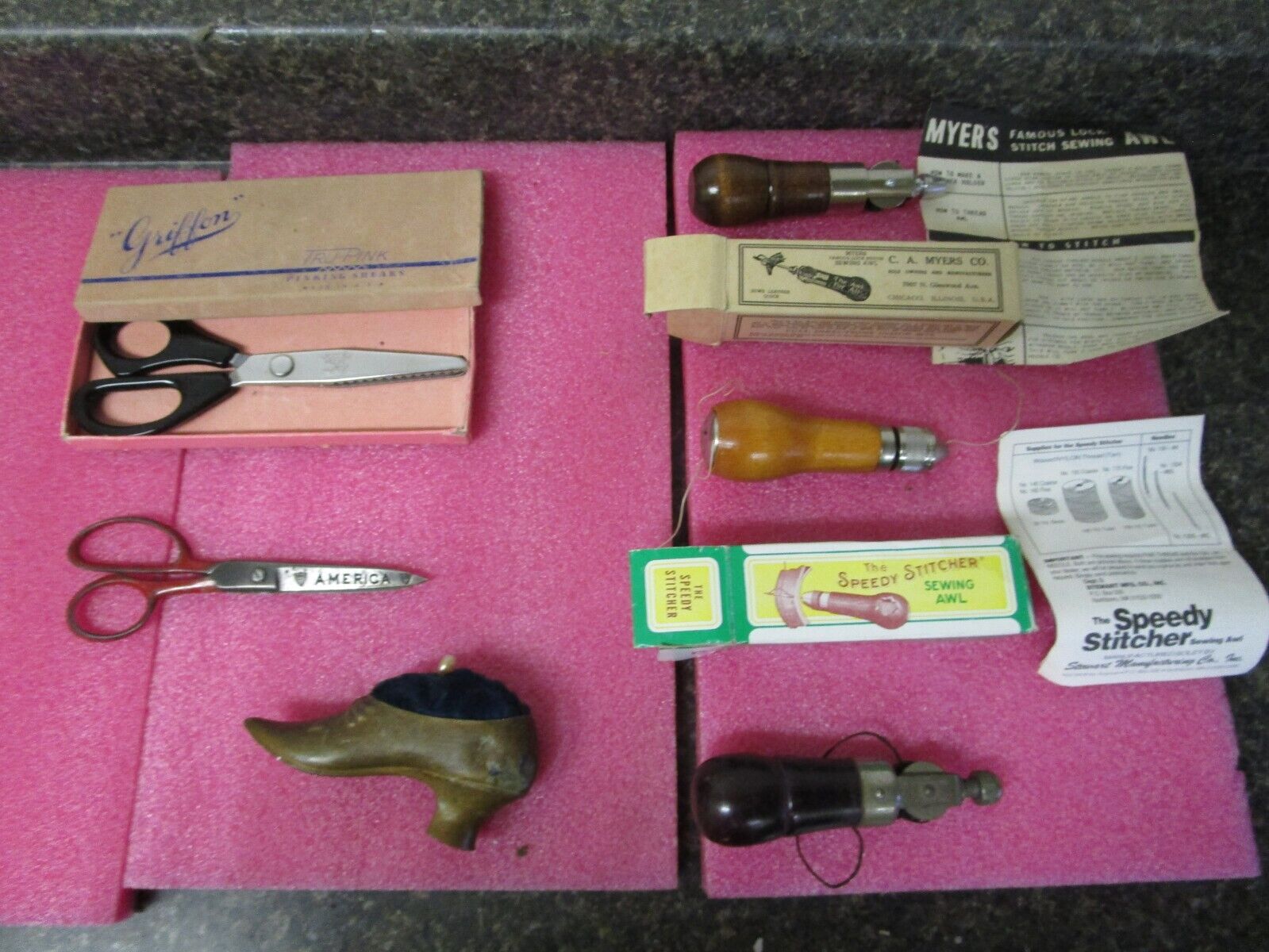 Vintage Sewing Lot - Pin Cushion Shoe Speedy Stitcher Awl  C.A. Myers, Scissors