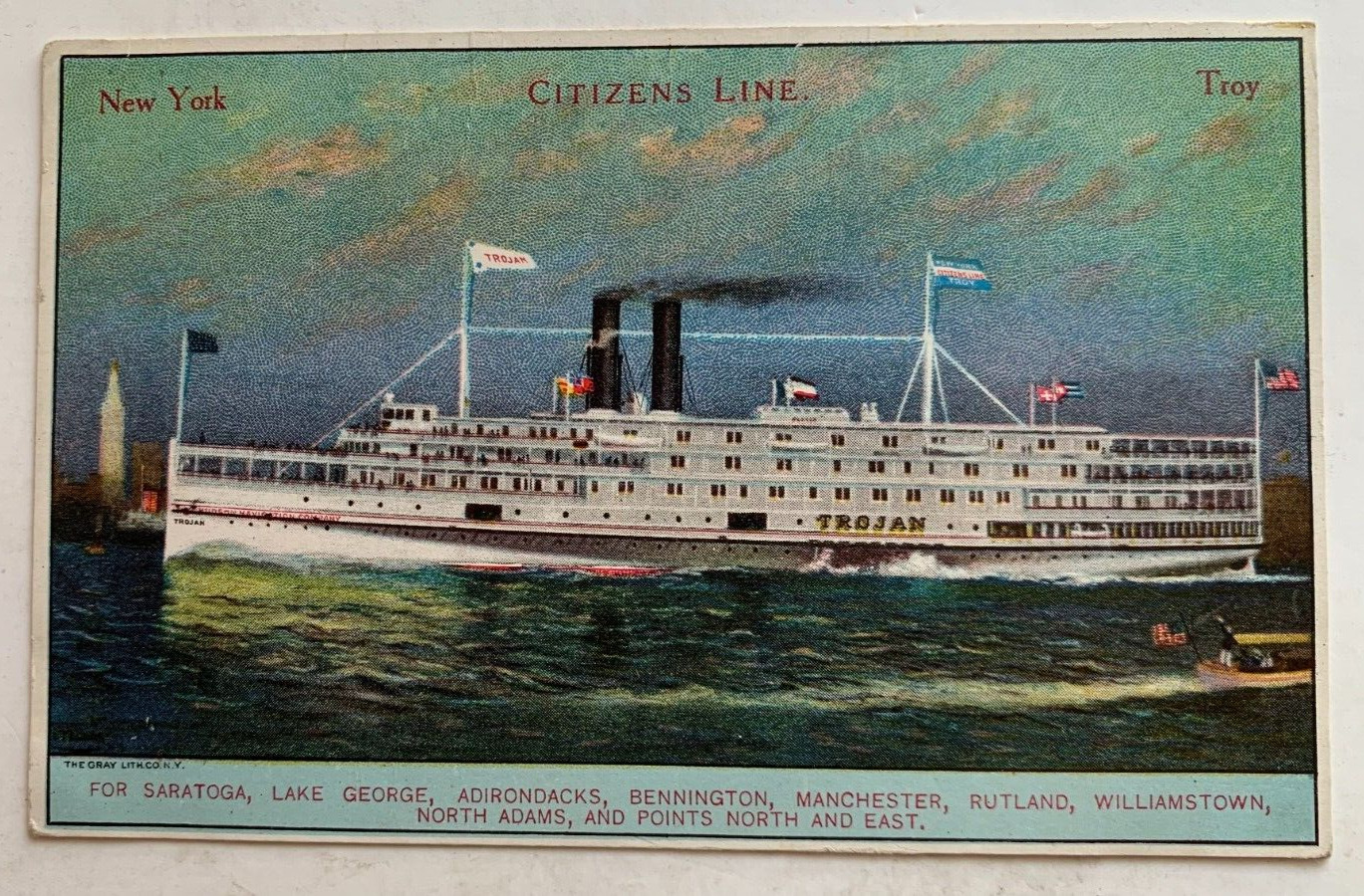 c 1900s NY Postcard Troy New York Citizens Line Hudson River Steamer Trojan ship