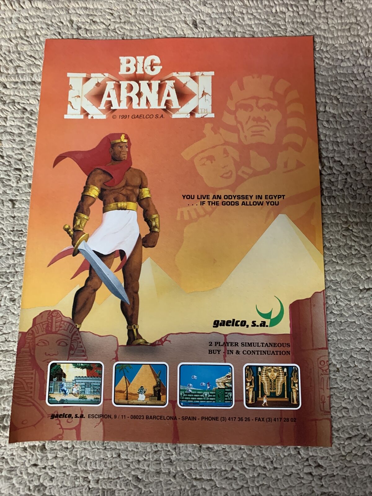 original 11.5-8”  Big Karnak Gaelco ARCADE video GAME FLYER AD