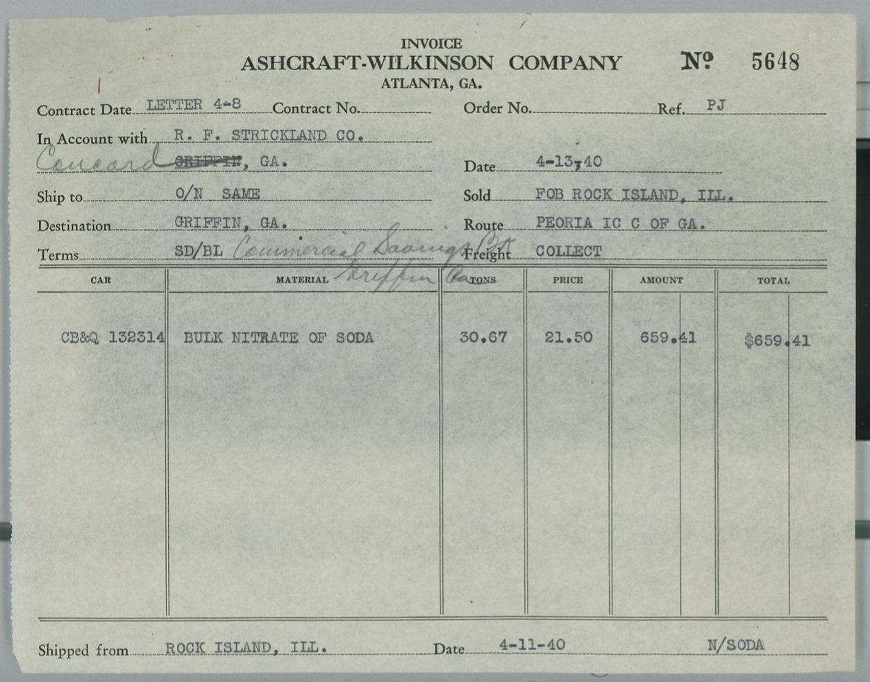 1940 Ashcraft-Wilkinson Company Atlanta GA Bulk Nitrate of Soda Invoice 266