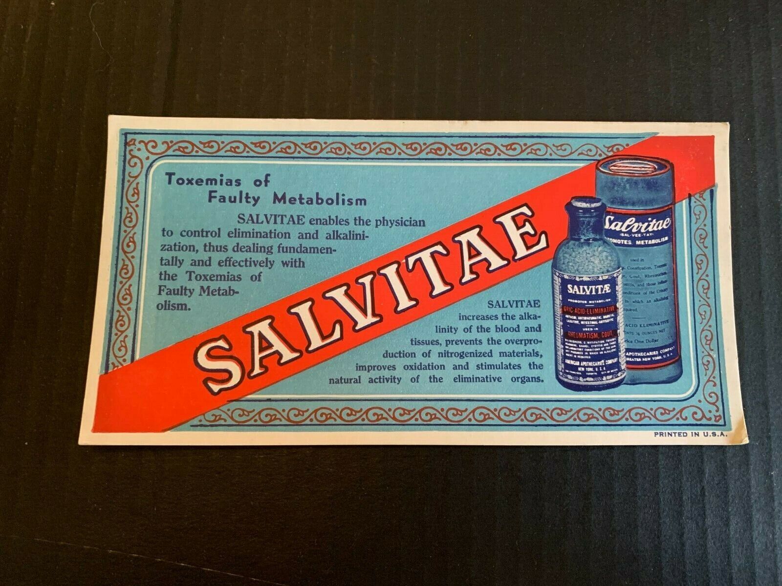 1930's Salvitae American Apocotheries Company Medicine Ink Blotter