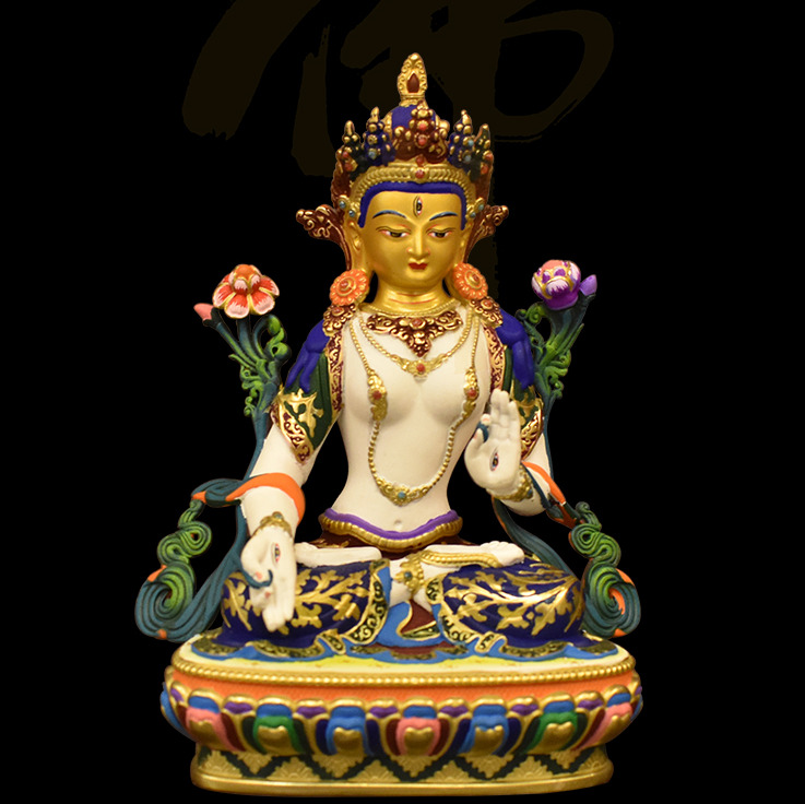9\'\' Tibetan Buddhism White Tara Hand painting Buddha Bronze 24k gilt Statue