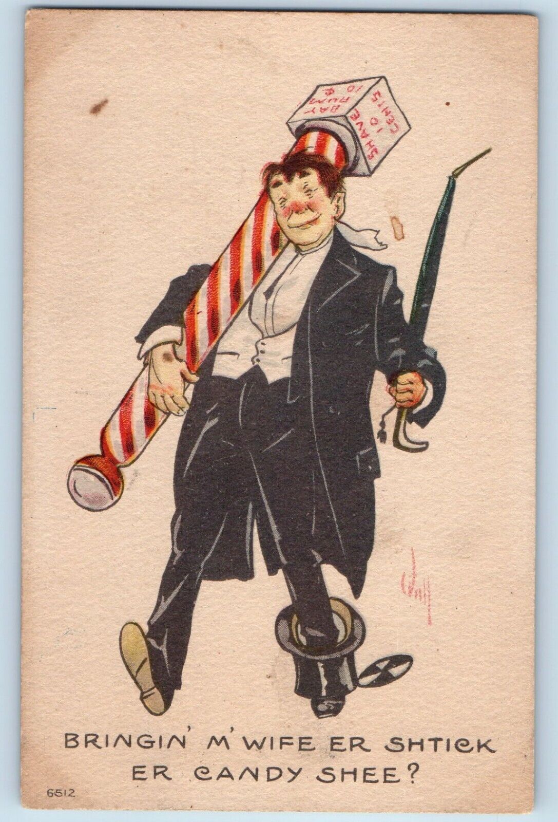 Wall Signed Artist Postcard Comic Humor Drunk Man With Barber Pole c1910\'s