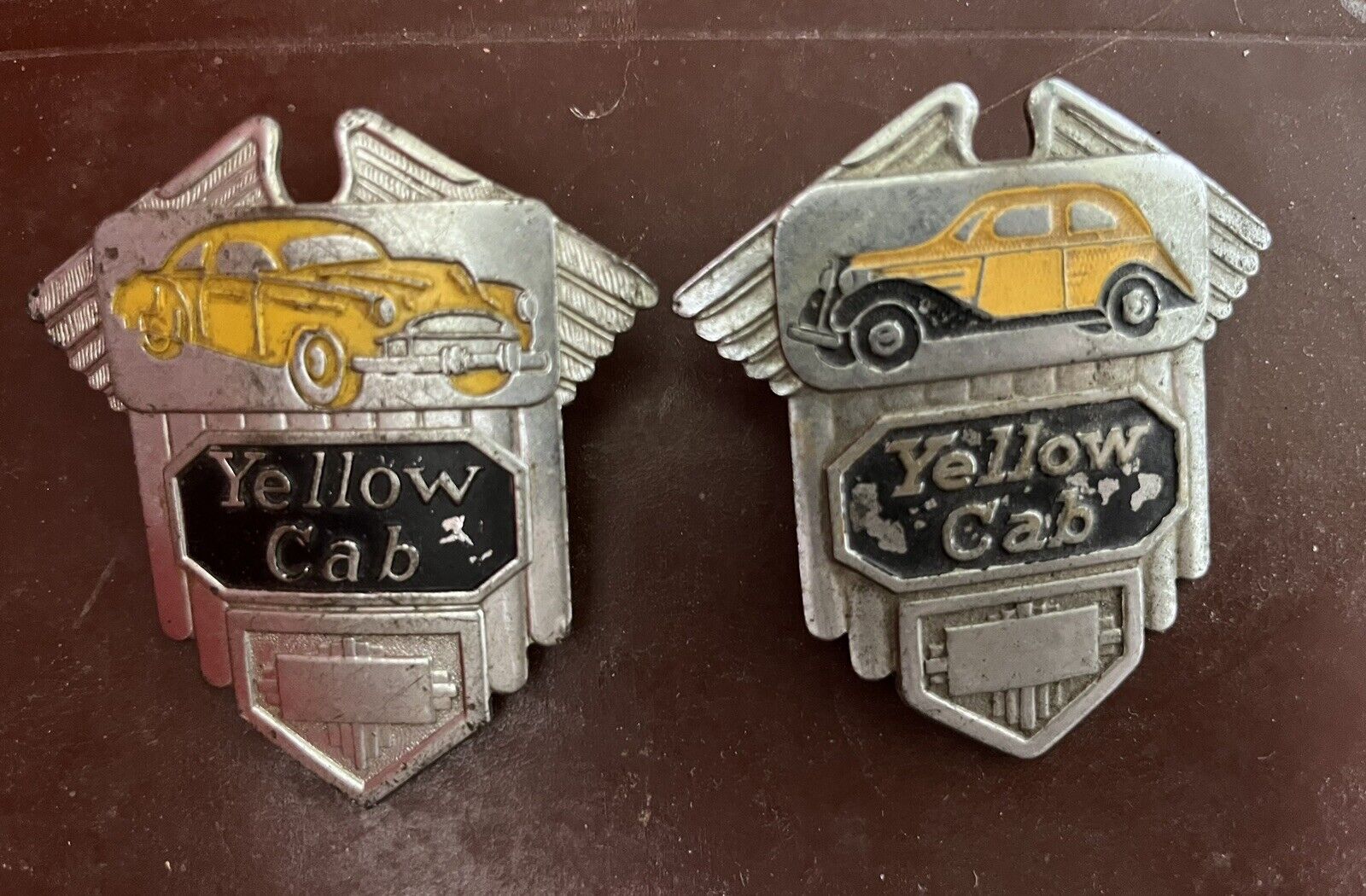 Vintage Pair Yellow Cab Company Taxi Hack Hat Badge 5th Ave Chicago