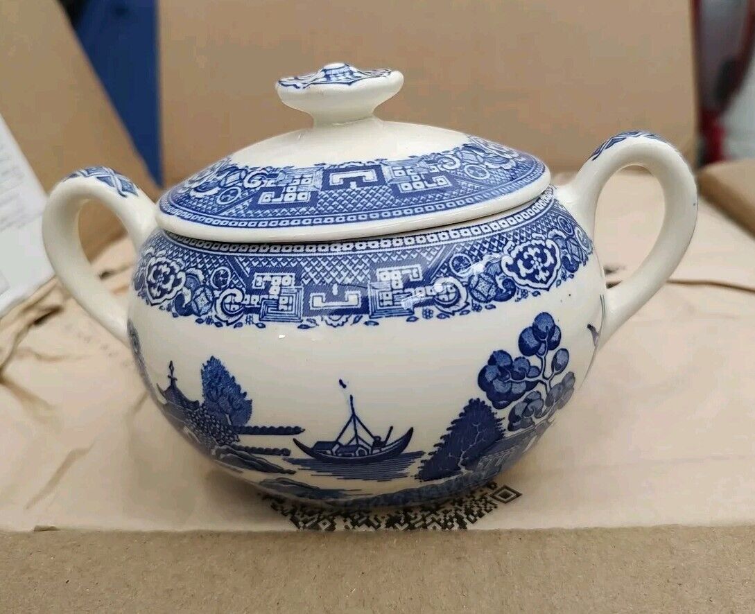 Blue Willow Vintage 1924 Japan Sugar Bowl With Lid Two Handled Dish Blue White