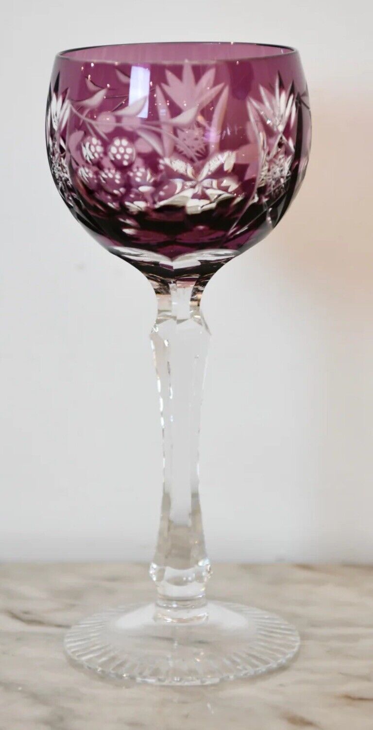 Rare VTG Traube Nachtmann Clear Purple Crystal Wine Glass Bohemian Hand Cut EUC