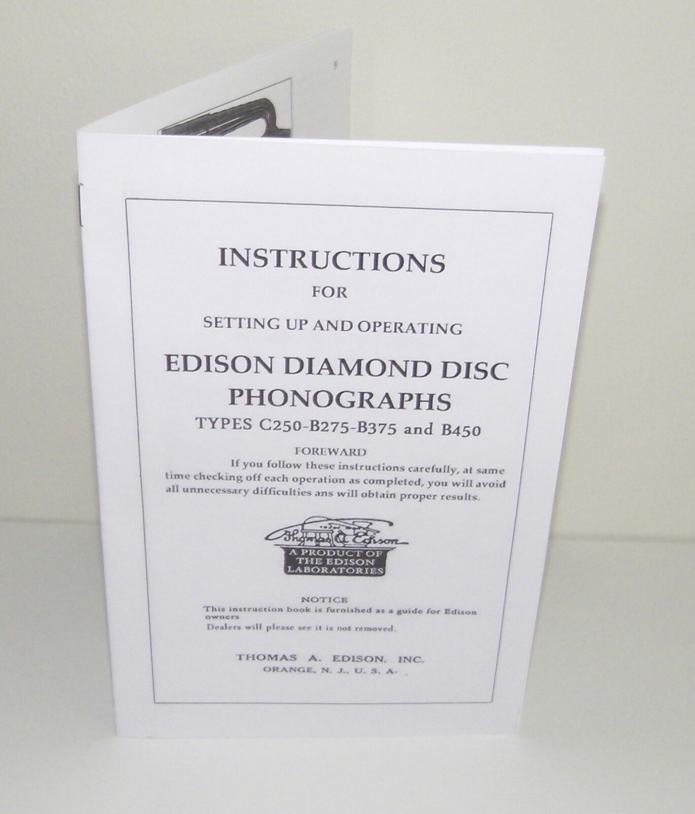 Edison Diamond Disc Phonograph Instruction manual for C250 B275 B375 B450 Repro