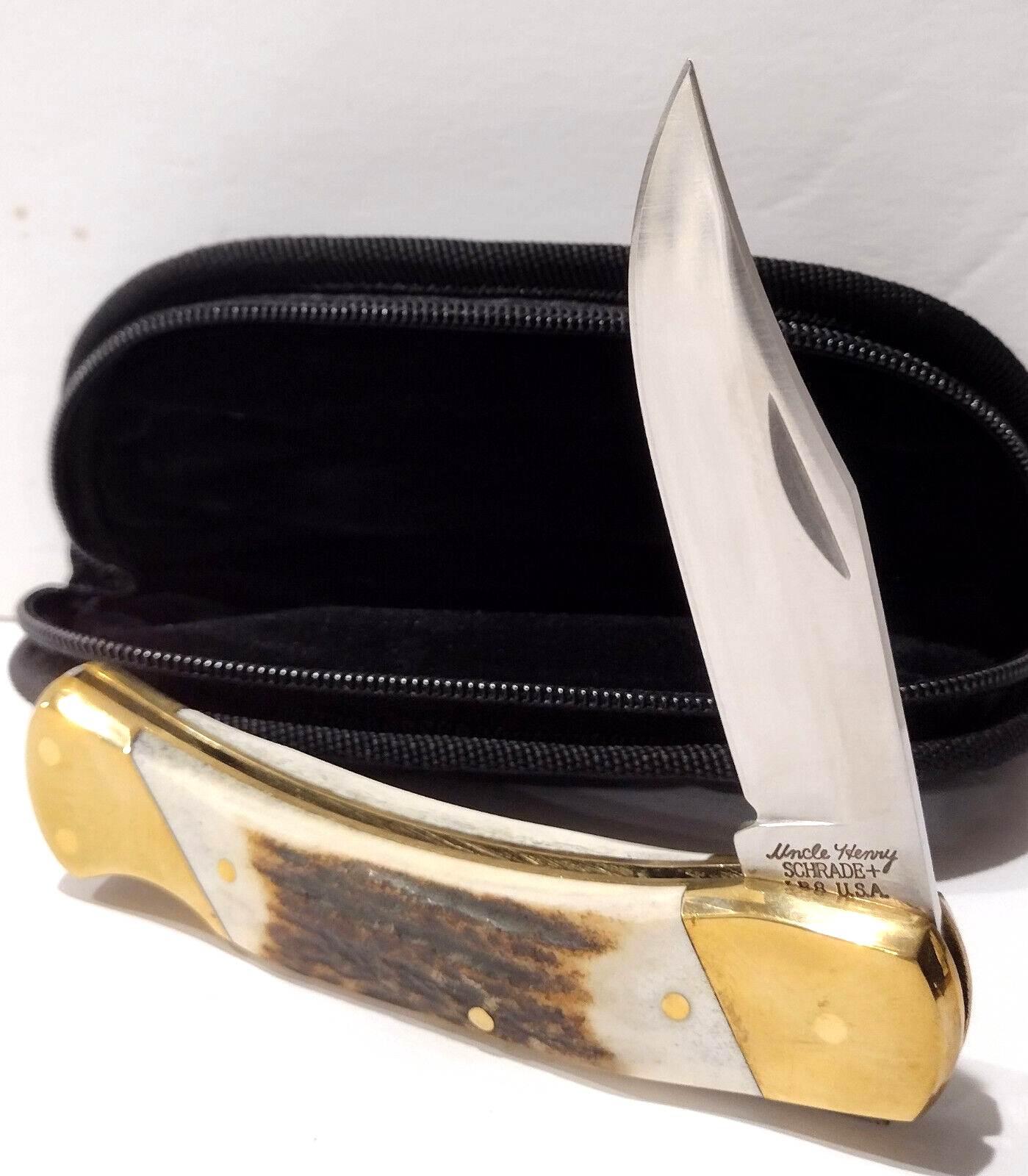 Schrade LB8 Factory 2nd Stag Bone Lockback Folding Pocket Knife USA Made + Case