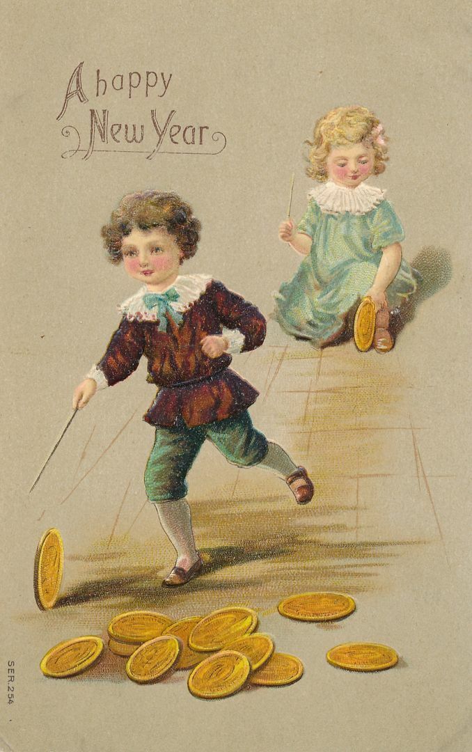 NEW YEAR - Girl And Boy Playing With Gold Coins A Happy New Year - 1908