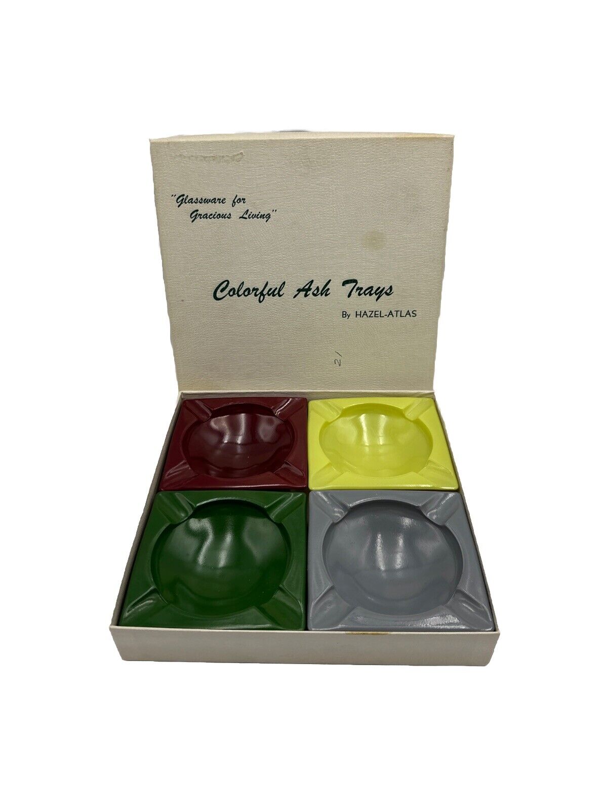 Vintage Hazel-Atlas Colorful Ash Trays 4 in Box Glassware for Gracious Living