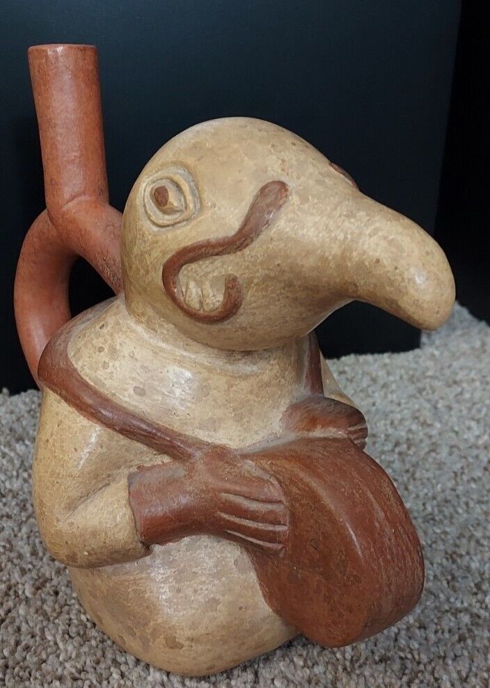Vintage Moche Peruvian Pre Columbia Reproduction Clay Pottery Portrait Bird