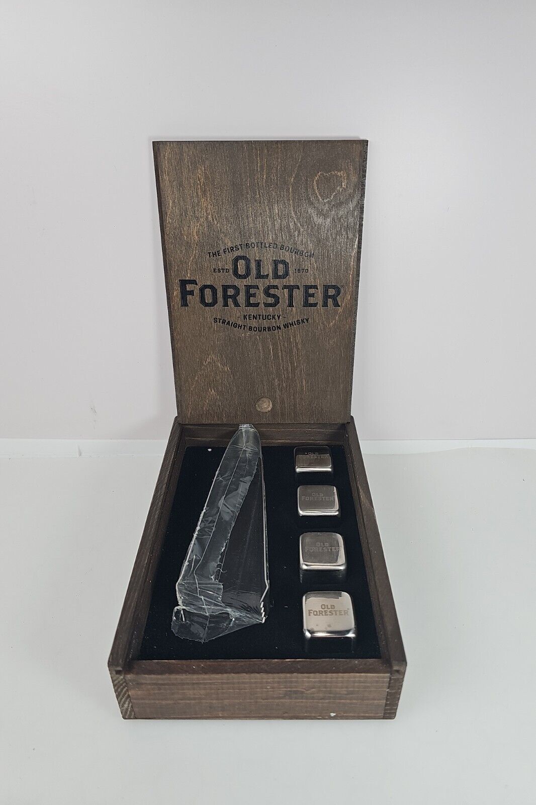 Old Forester Bourbon Promotional Stainless Steel Whisky Cubes In Wooden Box Set
