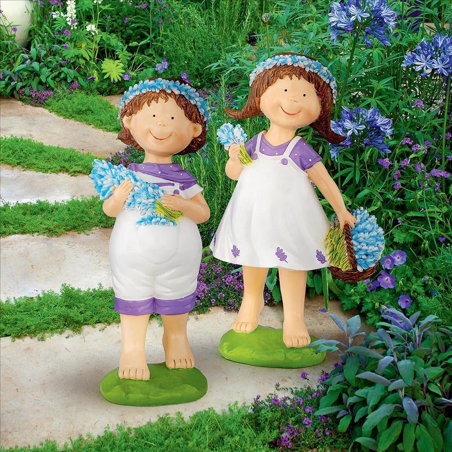 Set of 2: Whimiscal Flower Children Wreath of Hyacinths Statues Boy and Girl