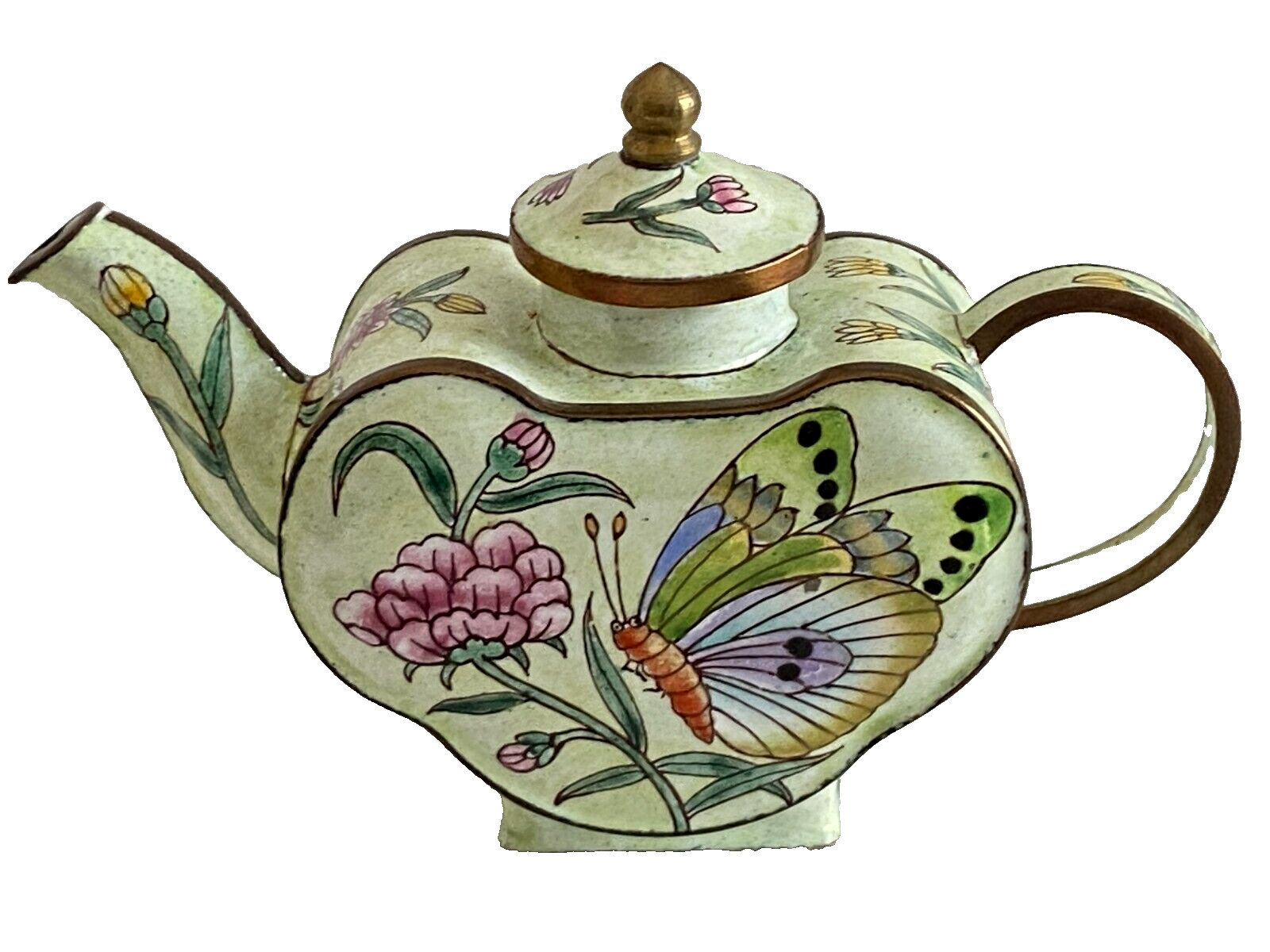 Vintage Chinemel by B. Yee Green Enamel on Copper Miniature Butterfly Teapot