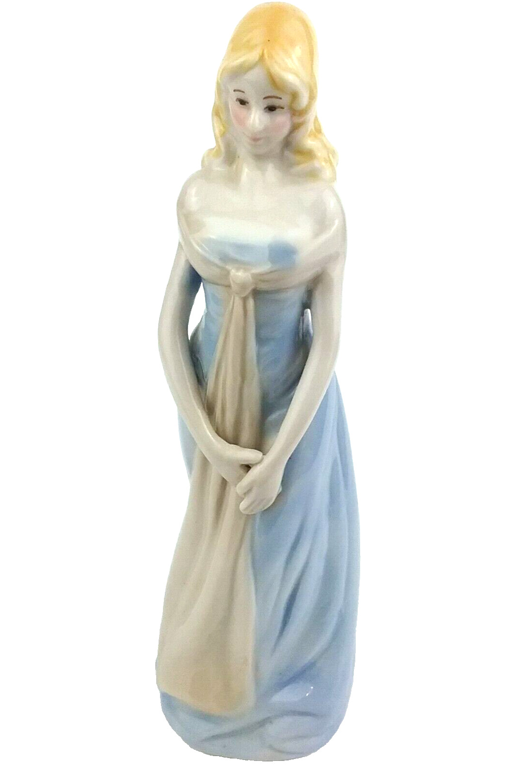 Porcelain Girl Figurine Long Blonde Hair Blue Dress Ceramic Glazed Statue 6.75\