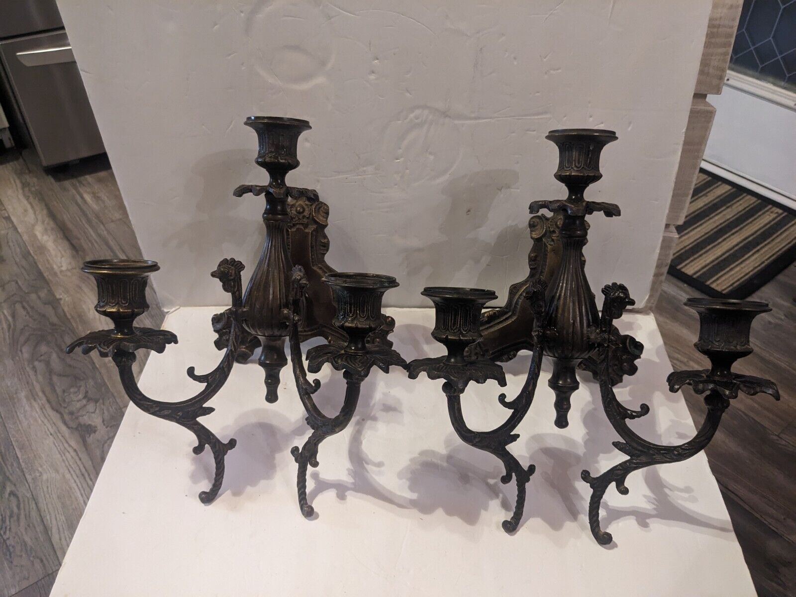 Vintage Pair Antique Brass Ornate Triple Candle Wall Sconce With Roosters
