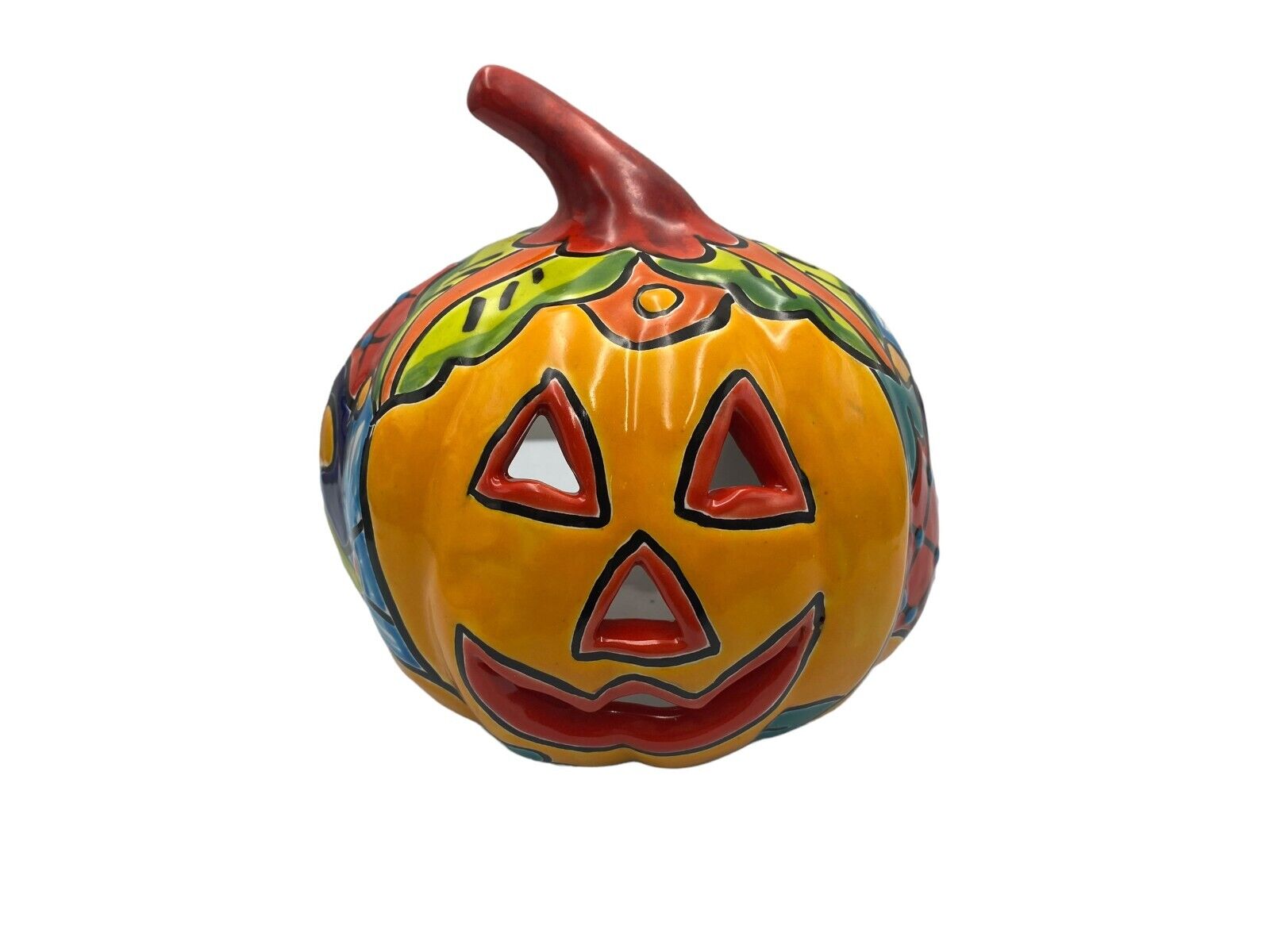 Talavera Pumpkin Calabaza Halloween Mexican Pottery Folk Art Home Decor 6.75