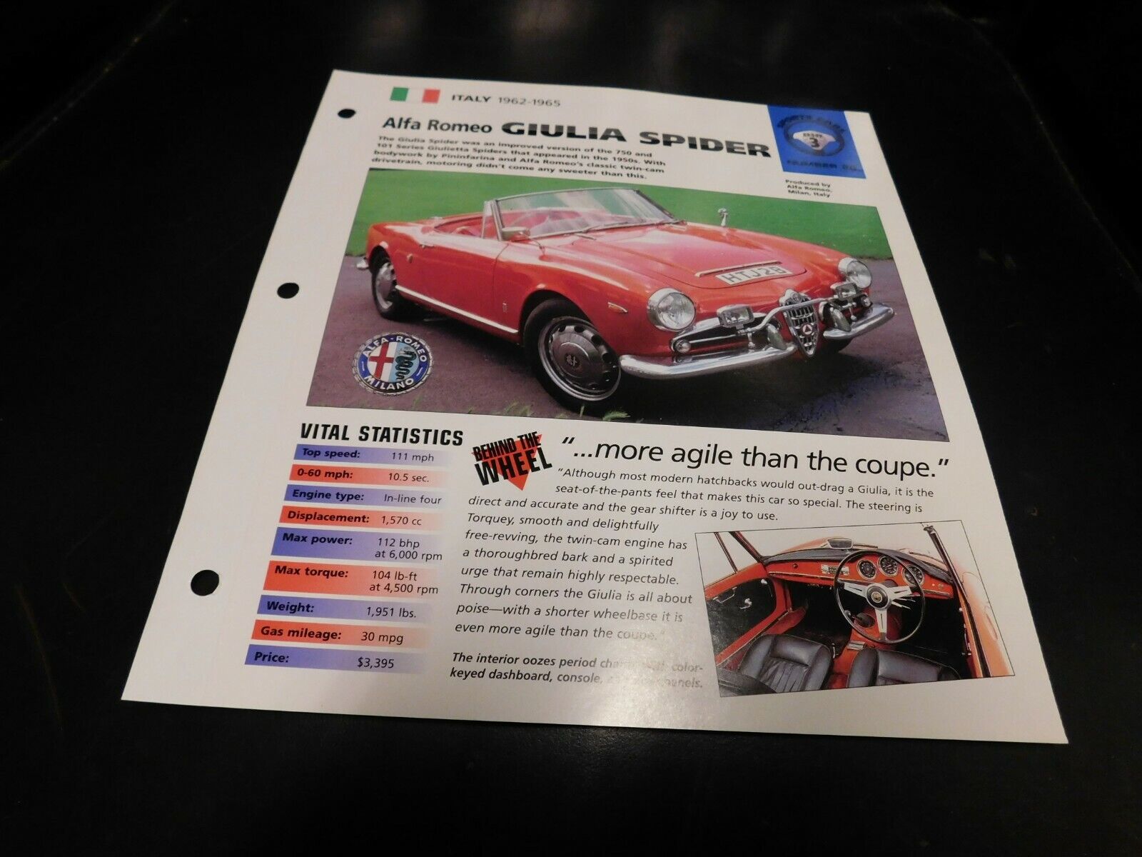 1962-1965 Alfa Romeo Giulia Spider Spec Sheet Brochure Photo Poster 63 64