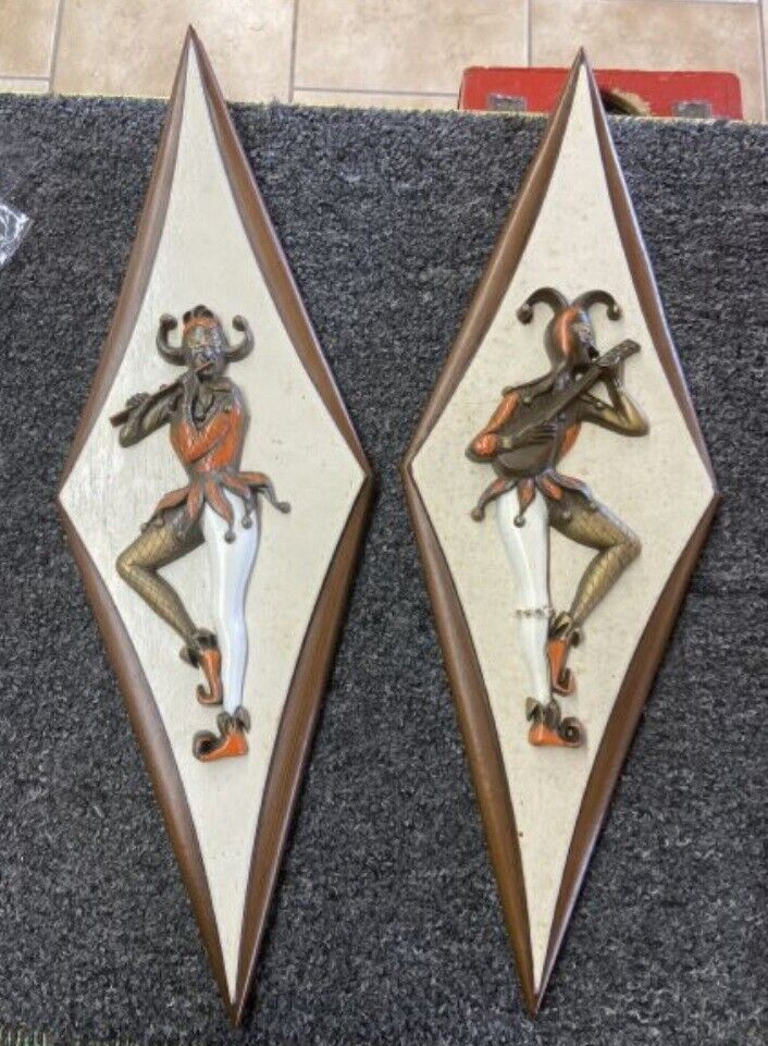 Pair Of Mid-Century Jester Wall Hanging Plaques Beautiful Matching Vintage Wall