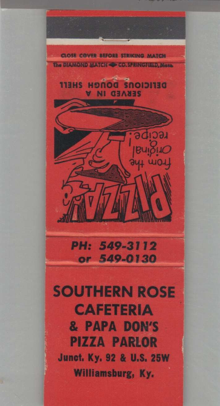 Matchbook Cover - Pizza Place Papa Don\'s Pizza Parlor Williamsburg, KY