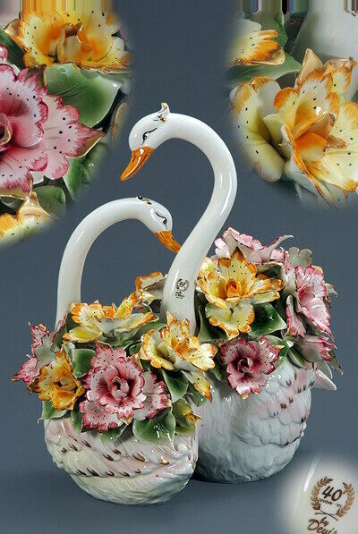 Capodimonte Double Swan Flower Centerpiece 20x22