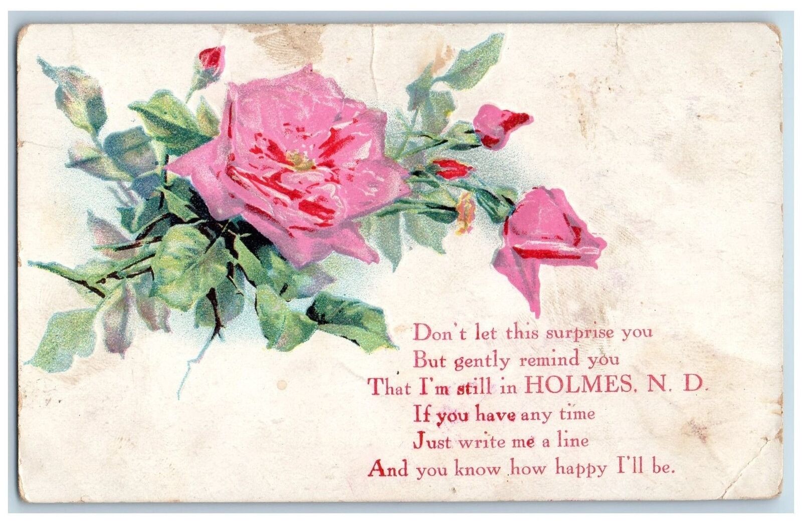 Holmes North Dakota ND Postcard Embossed Poem Flowers Leaves Scene c1910 Antique