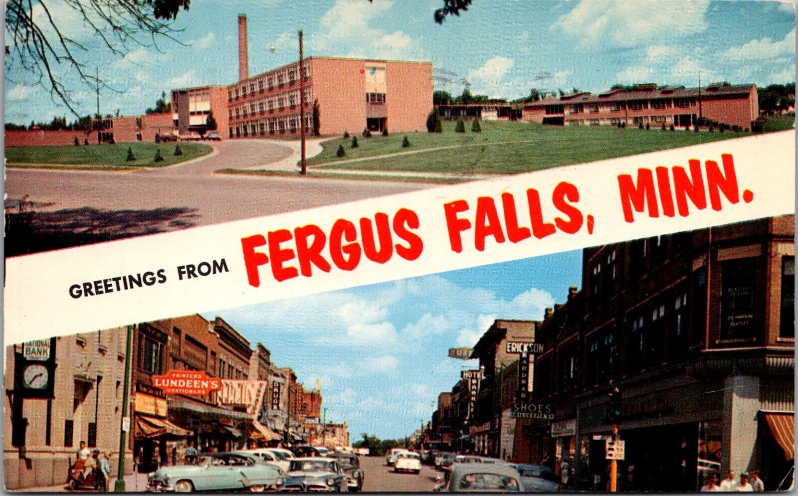 MN Fergus Falls Roosevelt HS Lincoln St Hotel Drugs Signs Cars c50's Postcard 
