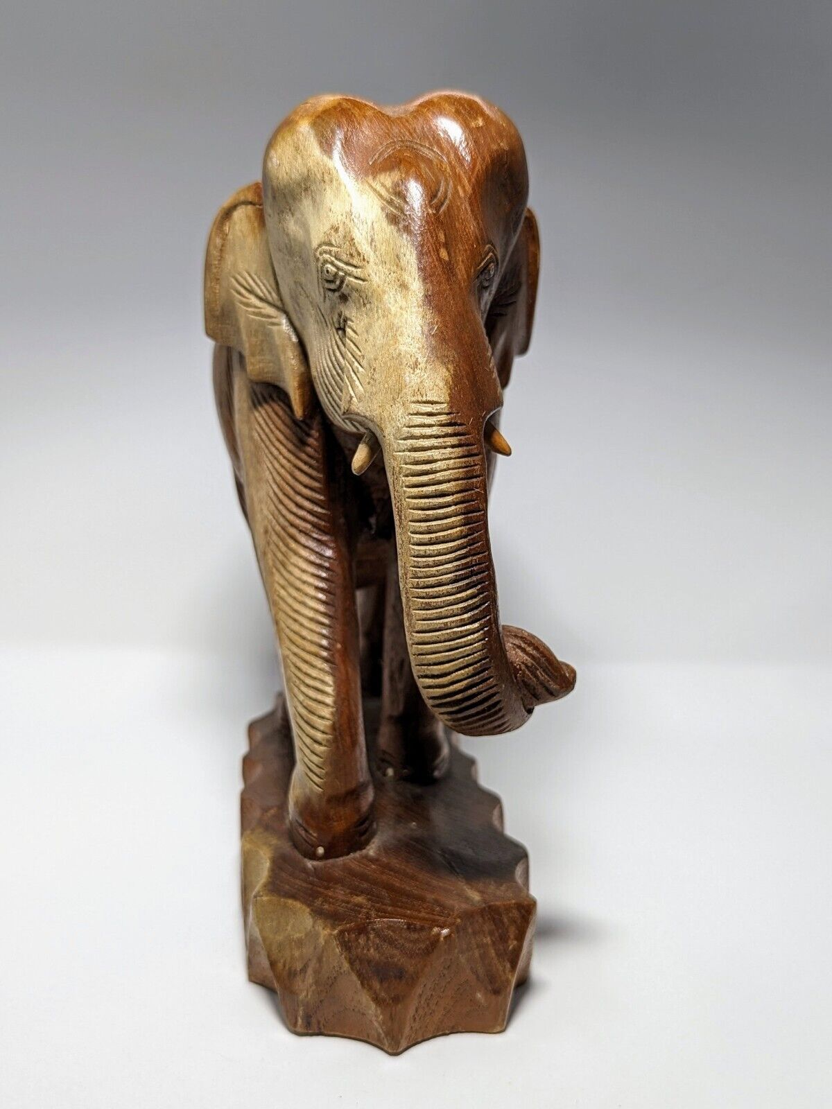 Hand Carved Elephant Solid Wood Sculpture 13.5\'\' x 14\'\'h Unique Two-Toned Gem