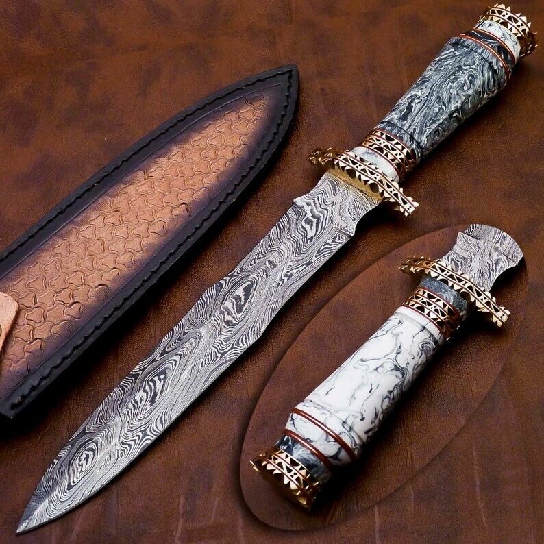 Custom Handmade Damascus Steel Dagger Knife With Sheath & Acrylic, Gift For Him