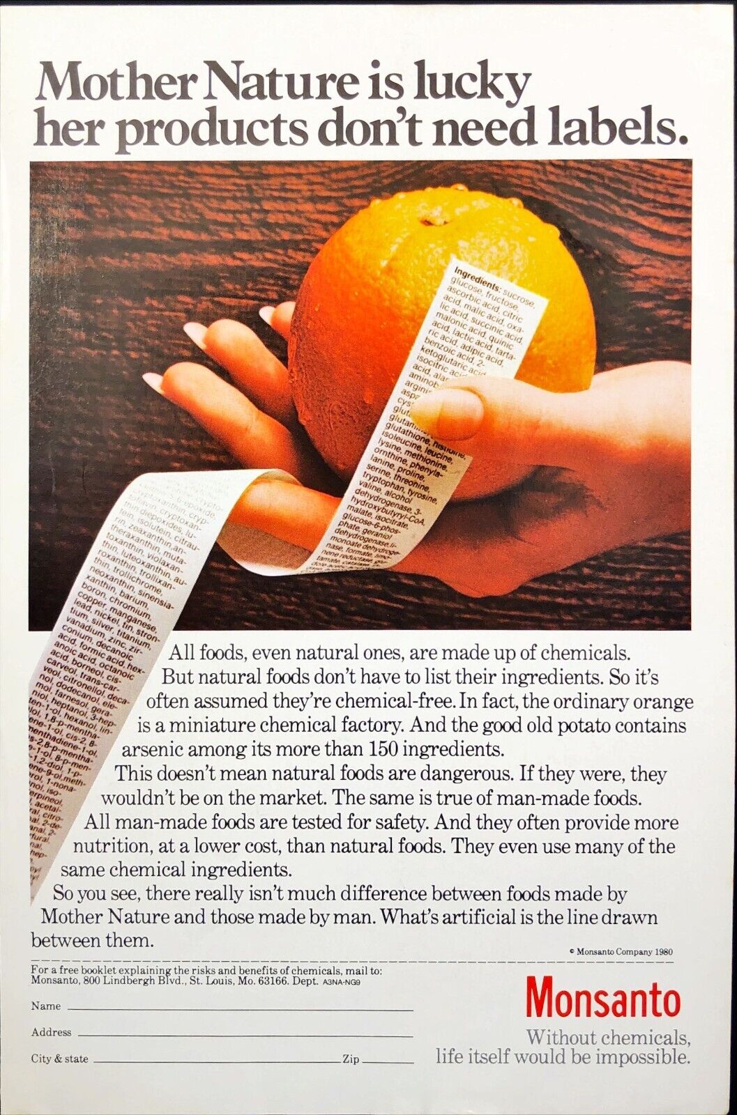 Monsanto All Foods are made of Chemicals Orange Vintage Print Ad 1980