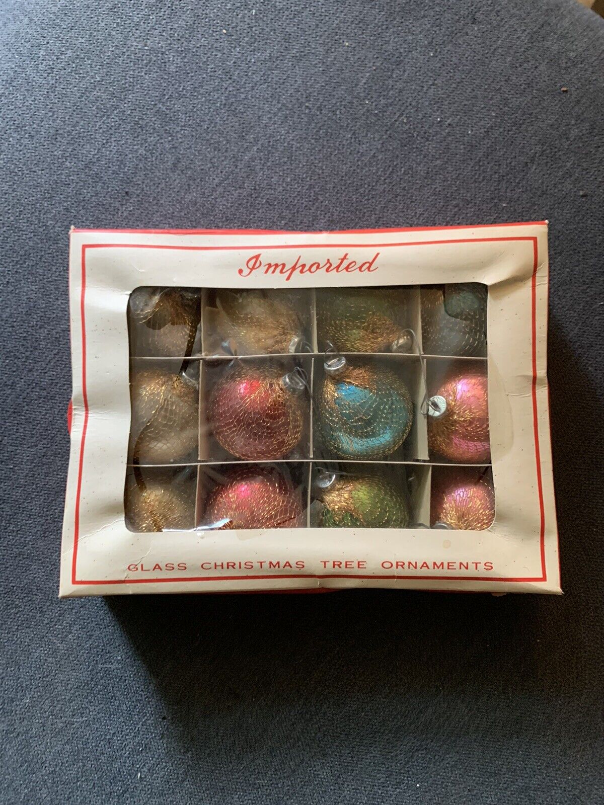 Vintage Sears Glass Wire Mesh Wrapped Ornament Box Of 12 RARE