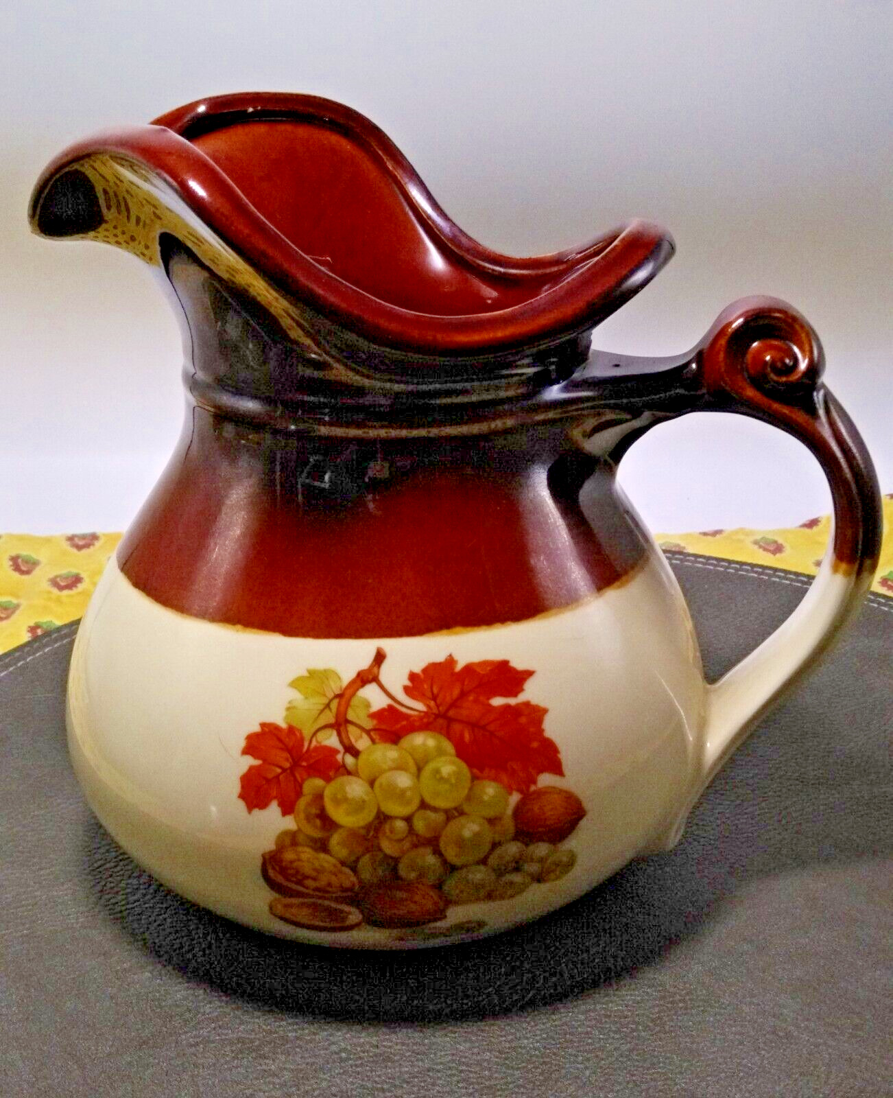 Vintage McCoy 7515 Acorn & Grapes Harvest Fall Pitcher Chocolate and Cream Color
