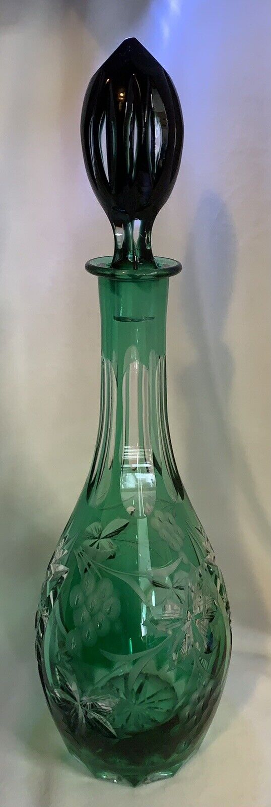 Vtg Beautiful Bohemian Dresden 24% Lead Crystal Decanter Hand Cut Green To Clear