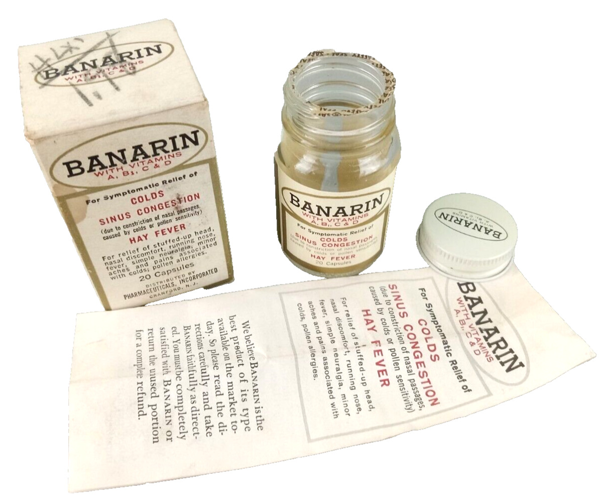 Vintage BANARIN Cold Sinus Hay Fever Medicine EMPTY Bottle Box & Paper