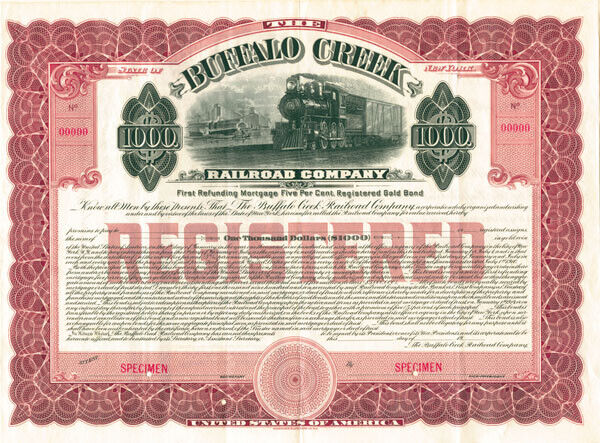 Buffalo Creek Railroad Co. - Specimen Bond - Railroad Bonds