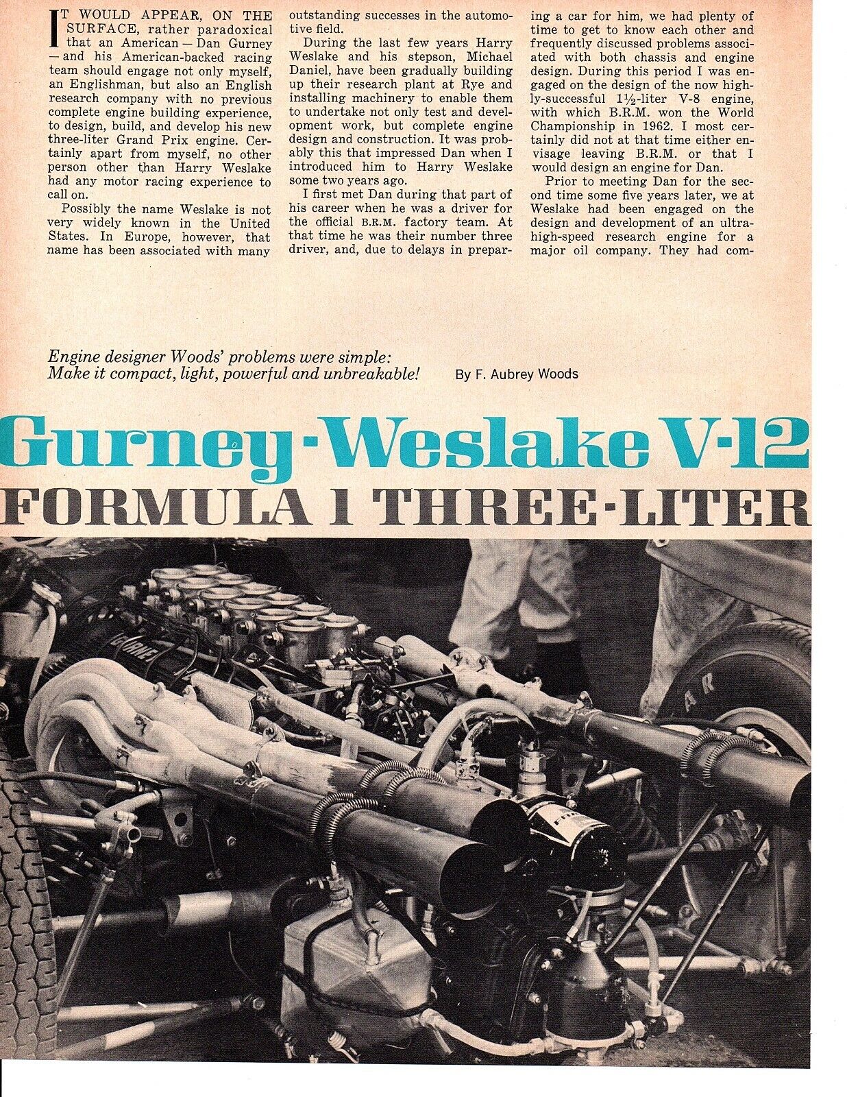 1967 GURNEY-WESTLAKE V-12 FORMULA 1 RACING ENGINE ~ ORIGINAL 7-PAGE ARTICLE
