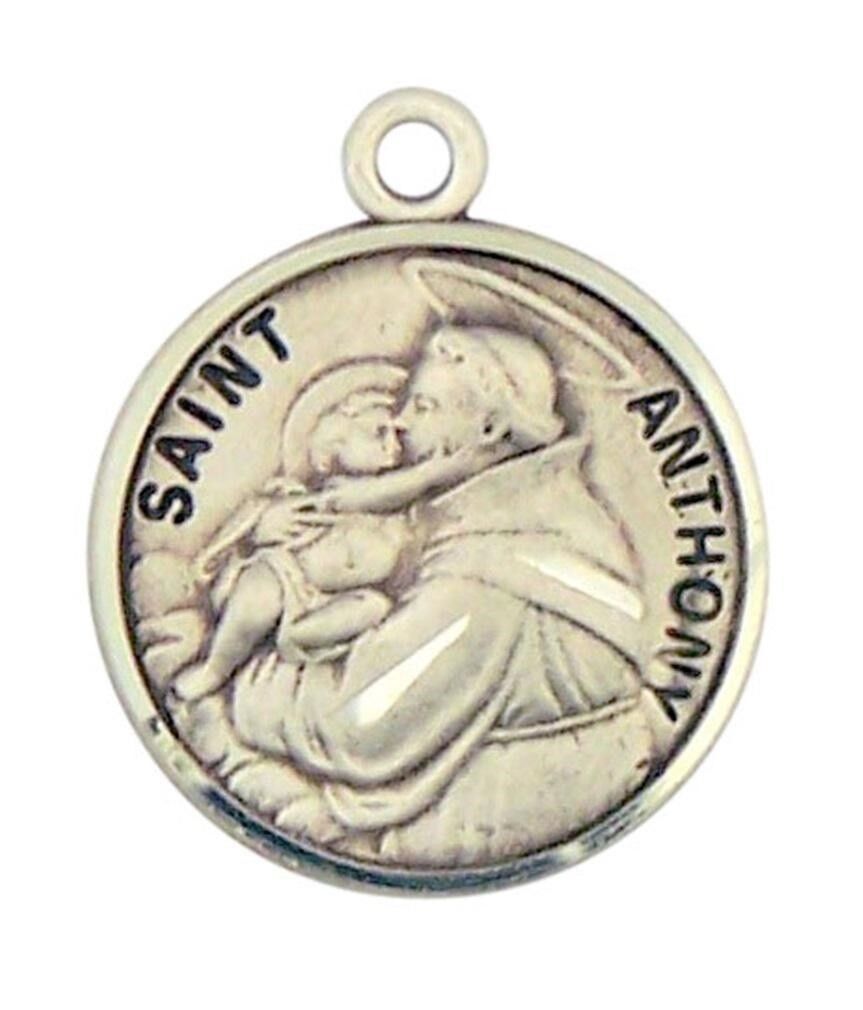 Patron Saint St Anthony 7/8 Inch Sterling Silver Medal on Rhodium Plated Chain