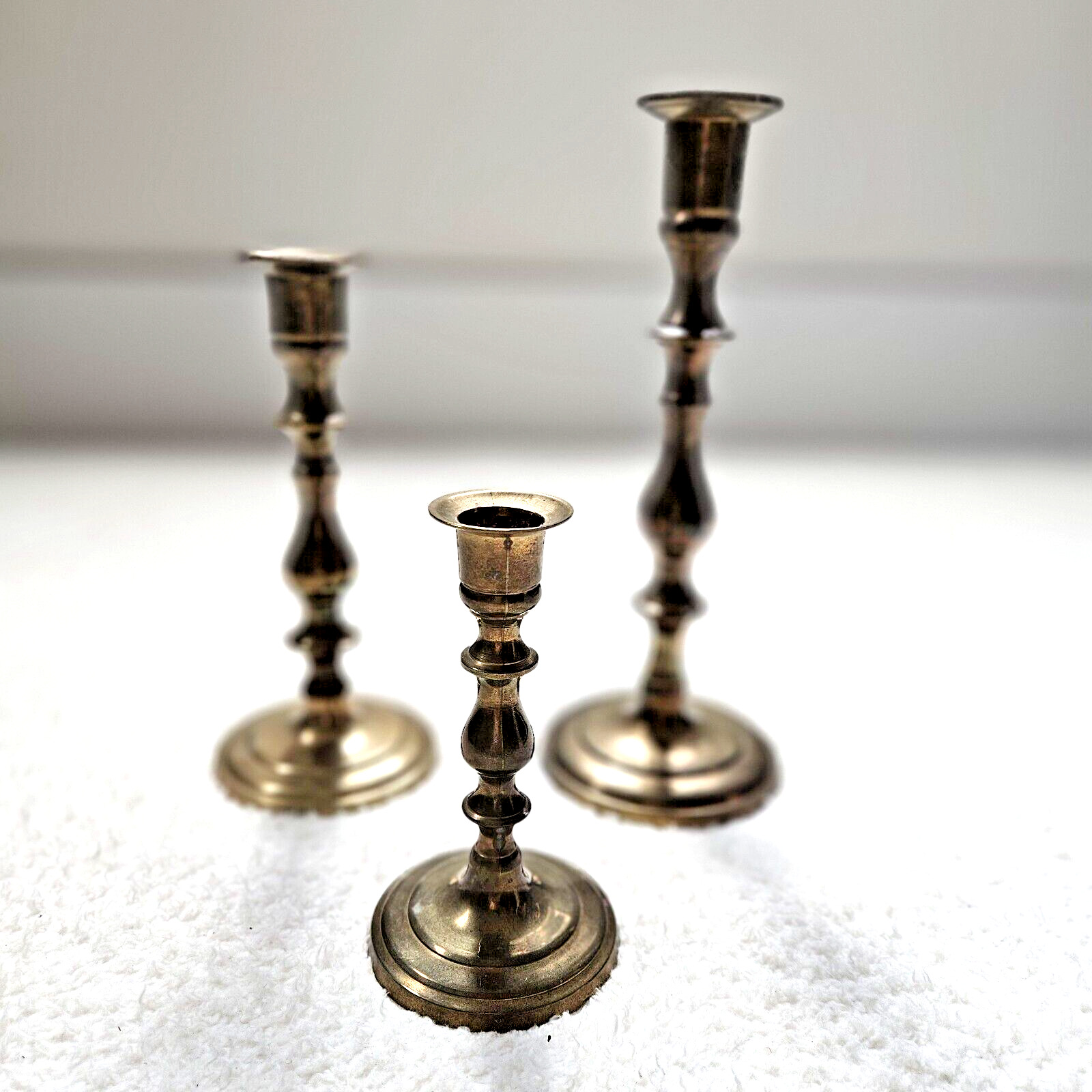 Set of 3 Vintage  Made In India Brass Round Base Candlesticks Candleholders