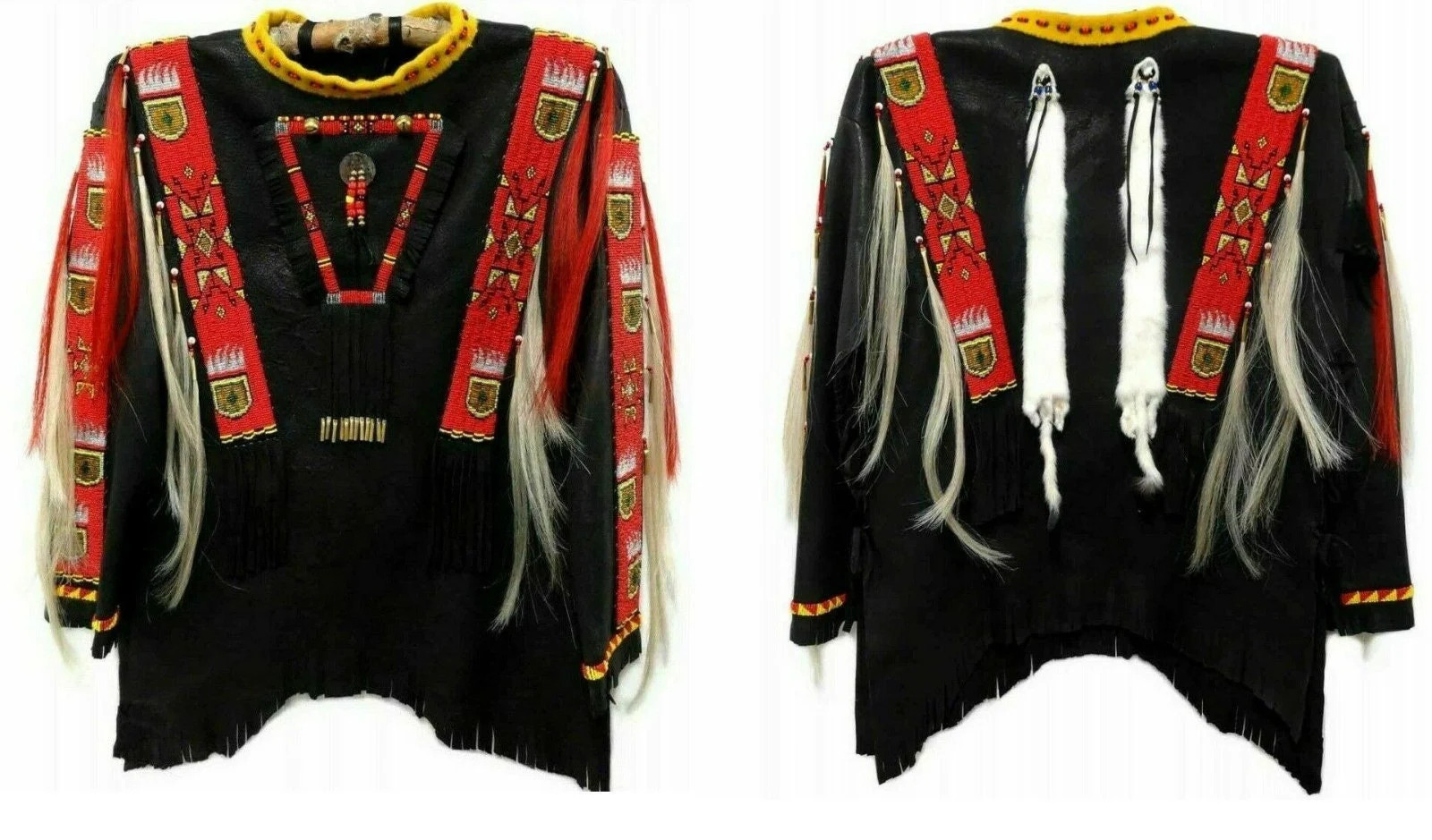Old American Handmade Black Leather Lakota Beaded Powwow Regalia War Shirt  NW4
