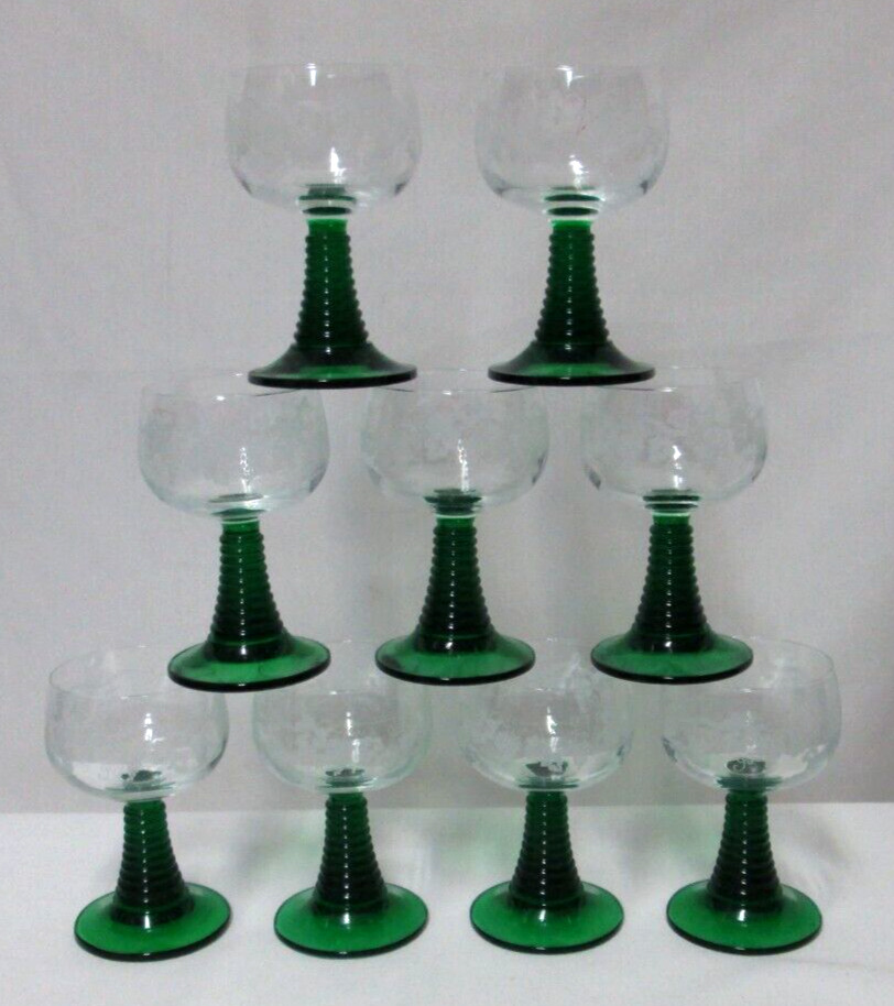Luminarc VCA 0.1 France Vintage Emerald Green etched grapes Cordial Glass Set 9